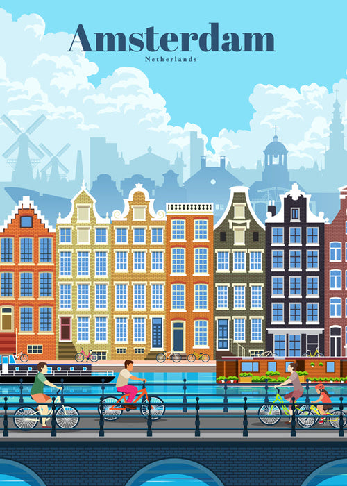 Reisposter Amsterdam grachten met fietsen