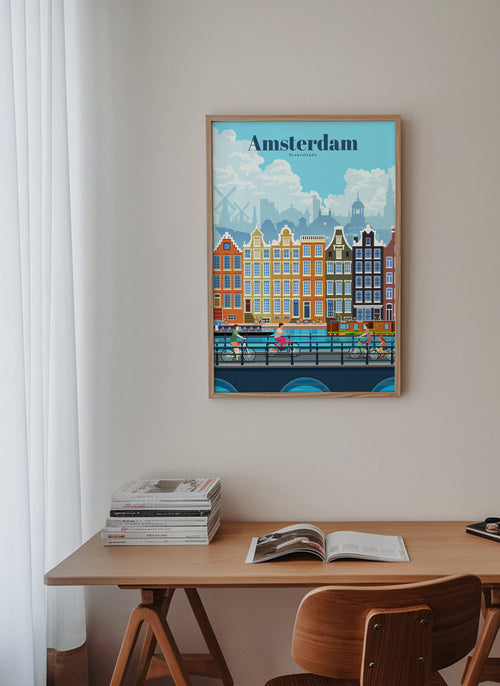 Reisposter Amsterdam grachten met fietsen