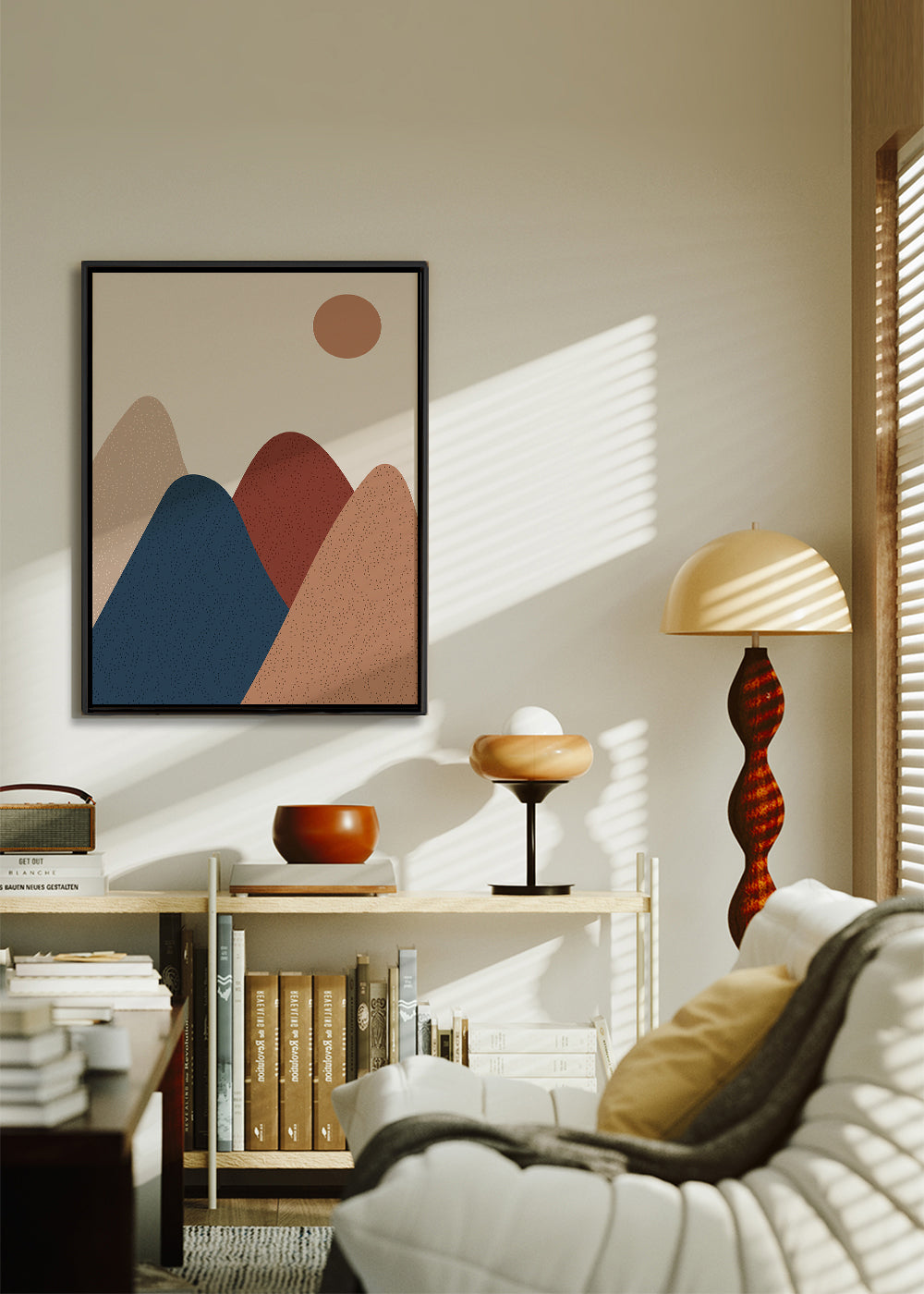 Landschap kunst: minimalistische bergen in warme tinten