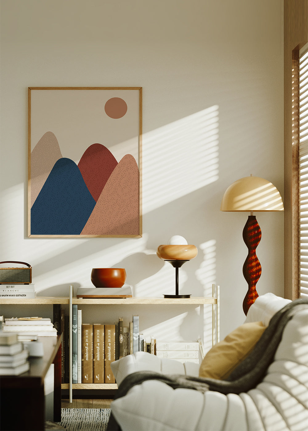 Landschap kunst: minimalistische bergen in warme tinten