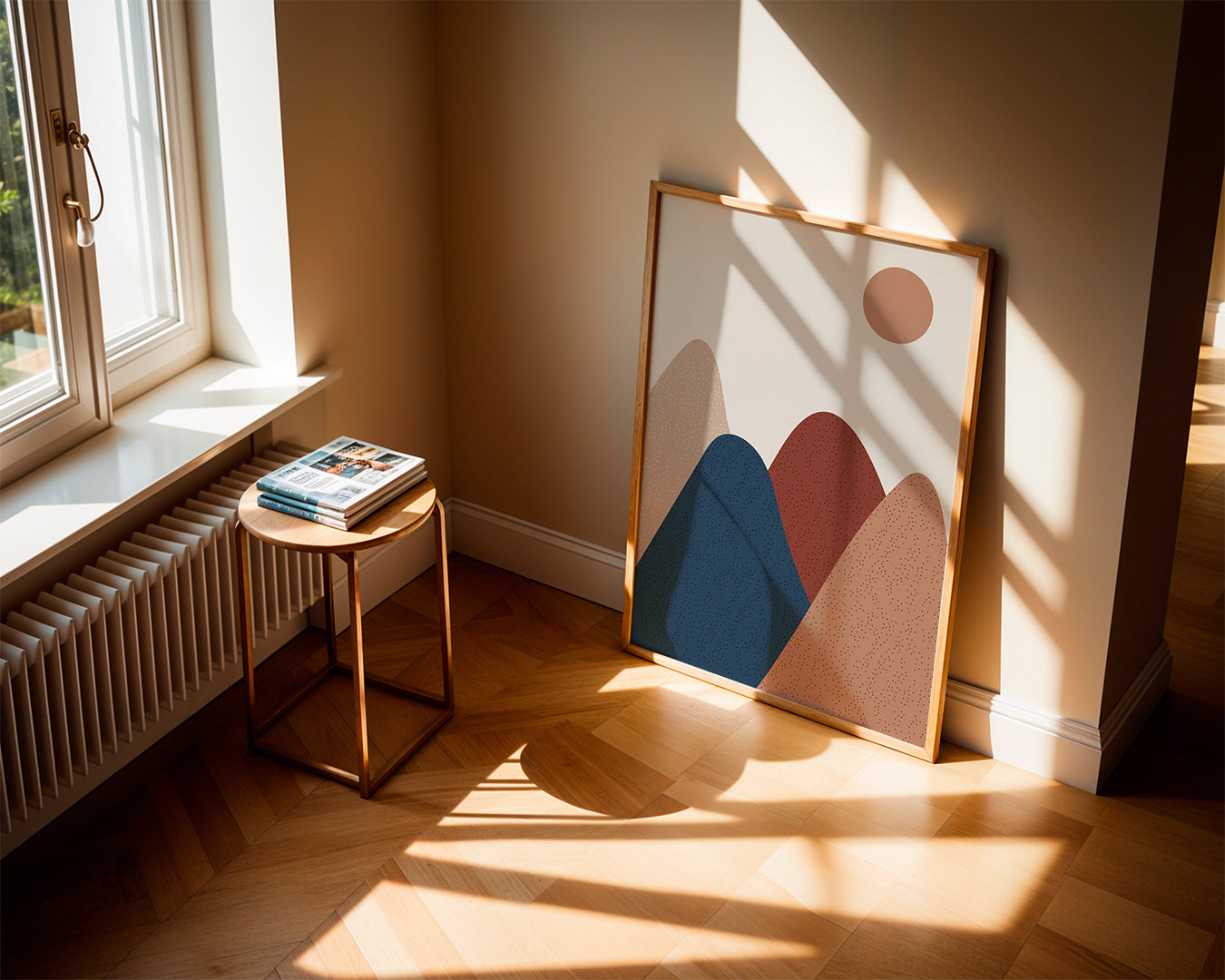 Landschap kunst: minimalistische bergen in warme tinten