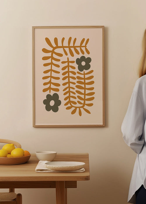 Botanische print met abstracte mosterdbladeren