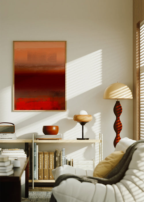 Abstract schilderij met warme oranje en rode lagen