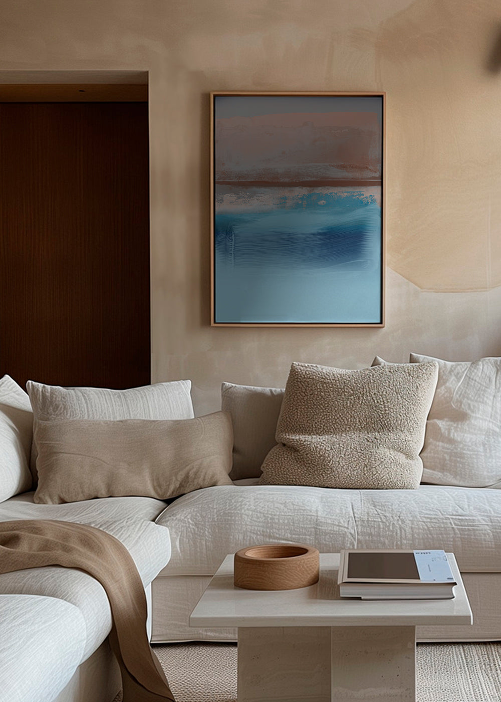 Abstract kunstwerk in blauwe en aardlagen