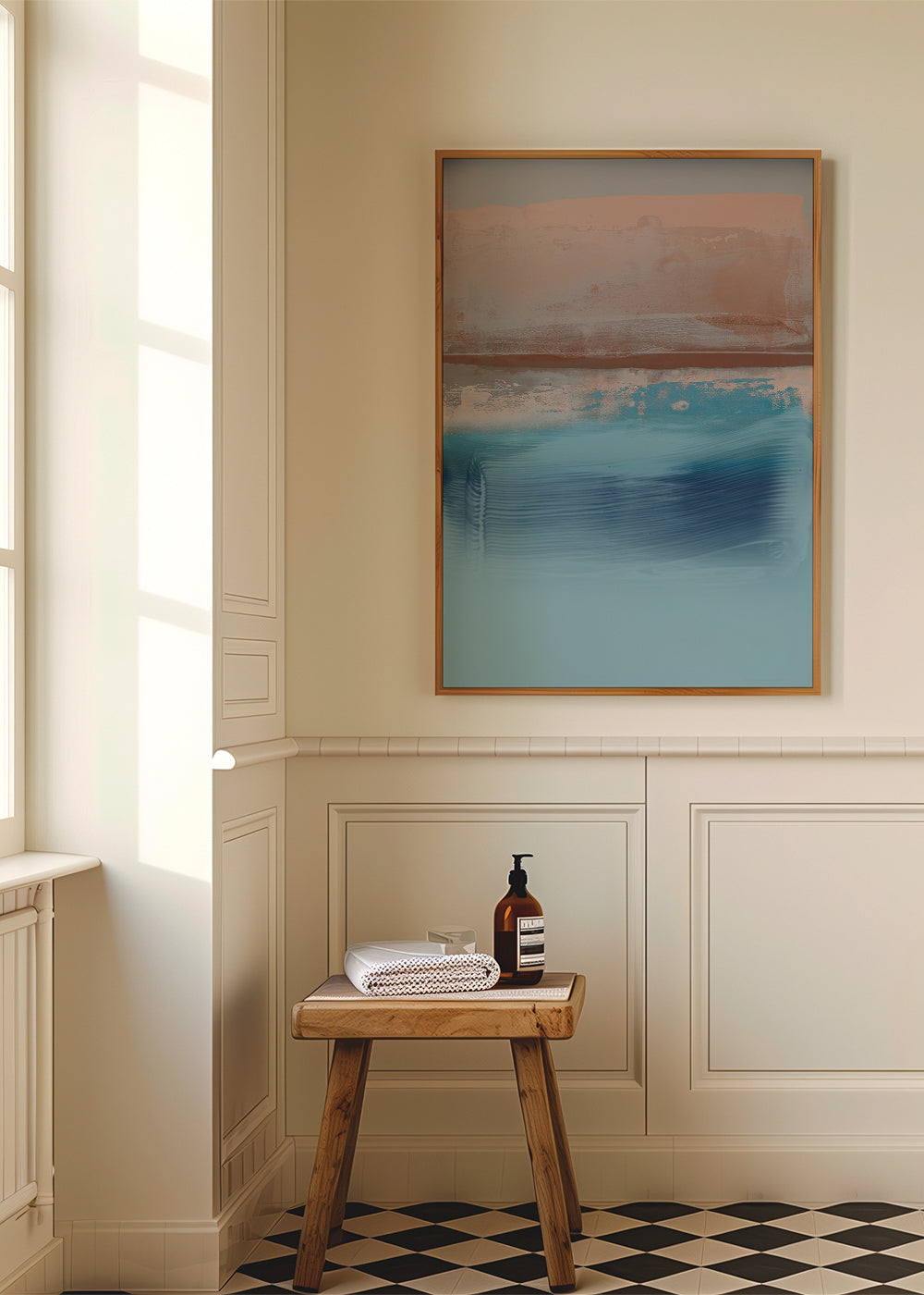 Abstract kunstwerk in blauwe en aardlagen