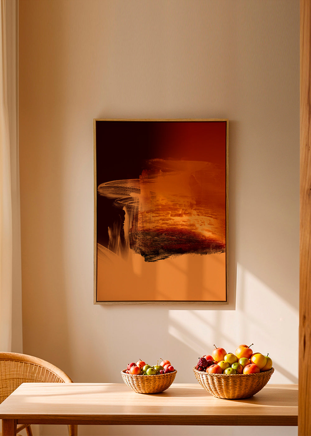 Abstracte kunst in oranje en rood met picturale streken