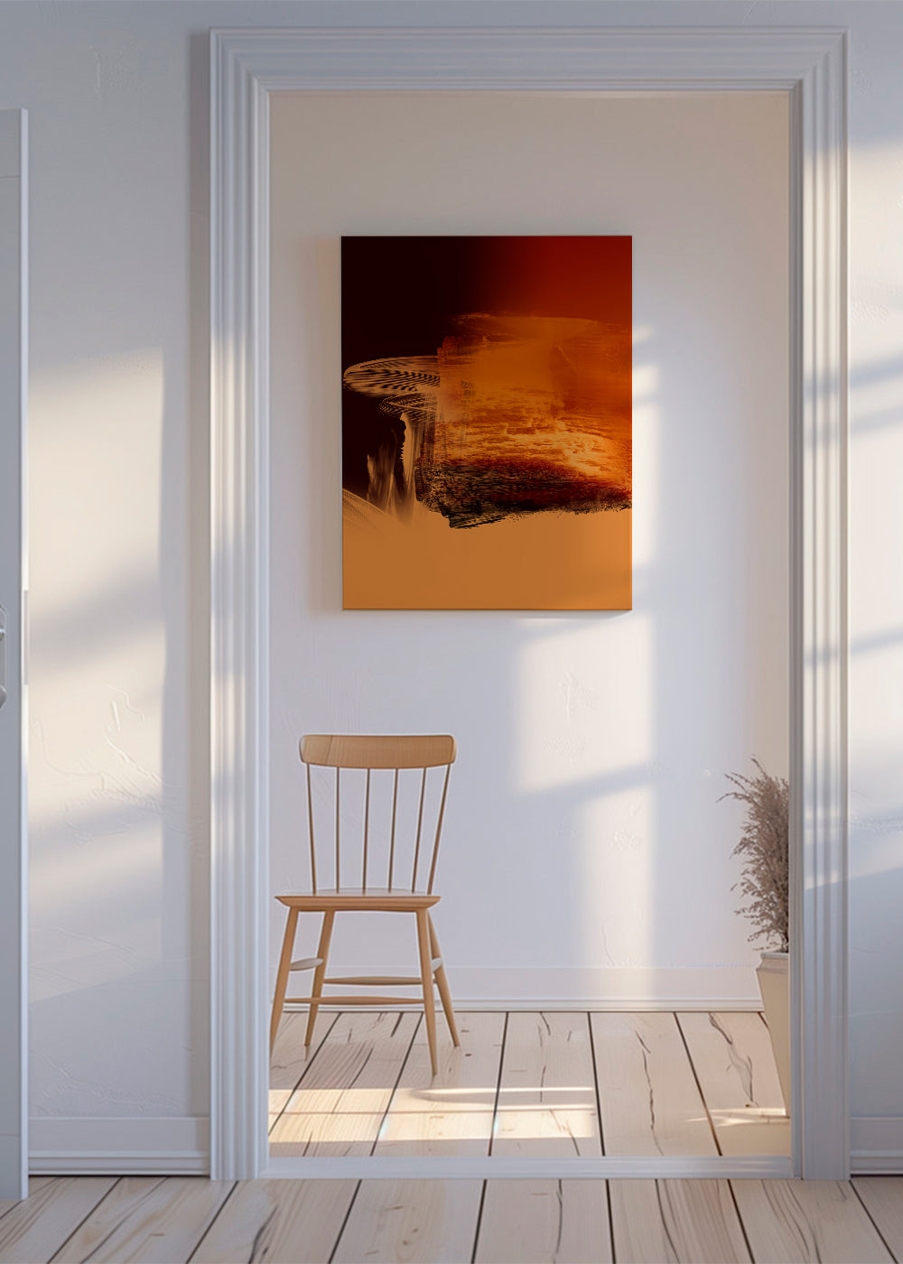 Abstracte kunst in oranje en rood met picturale streken