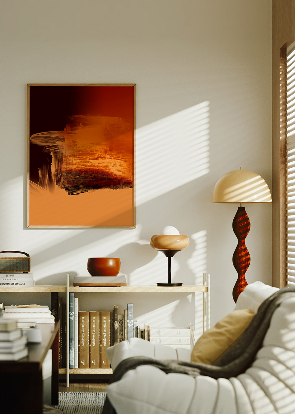Abstracte kunst in oranje en rood met picturale streken
