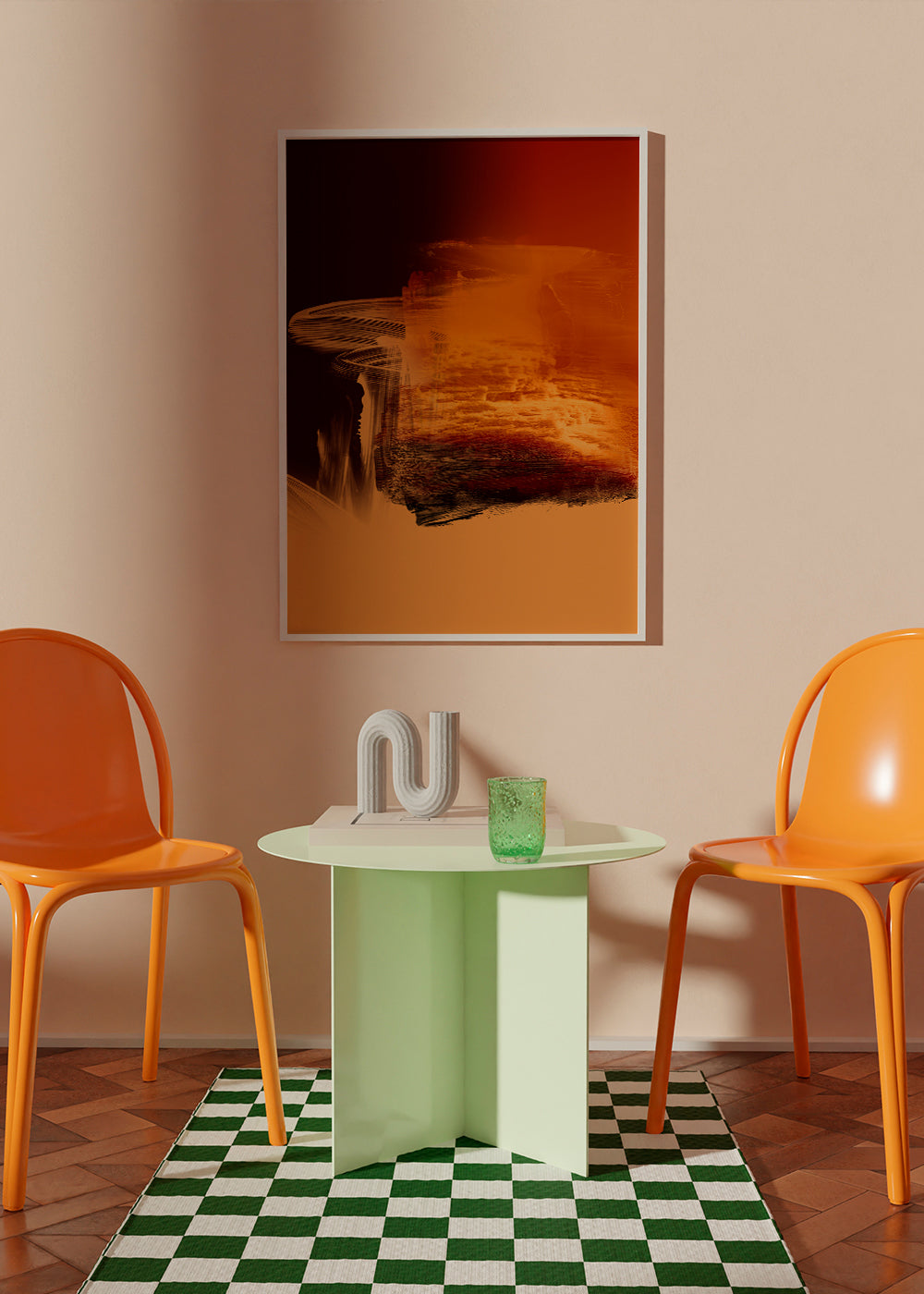 Abstracte kunst in oranje en rood met picturale streken