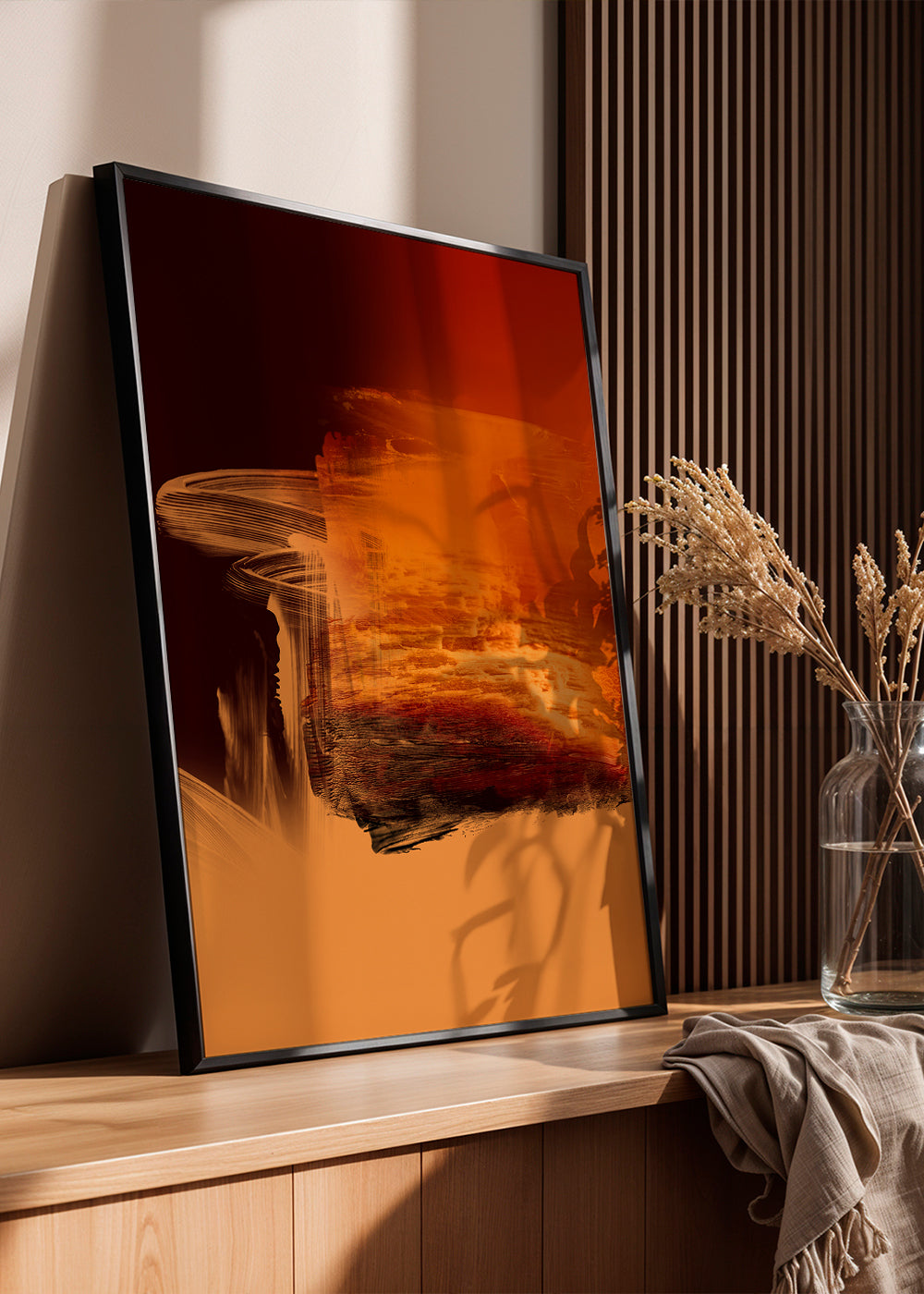Abstracte kunst in oranje en rood met picturale streken