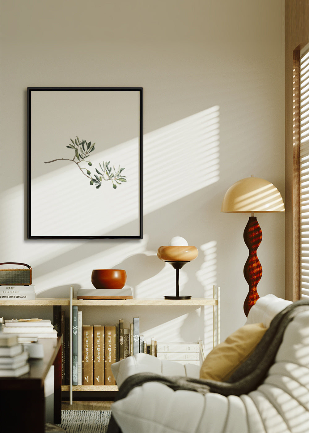 Green Olive Branch - Framed canvas in an interior