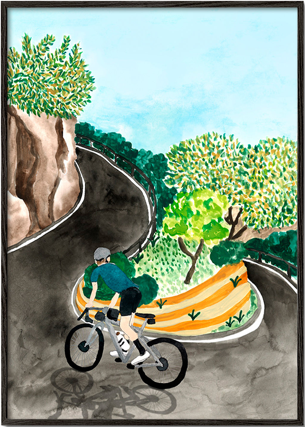 Landschapskunst met fietser in bergbocht