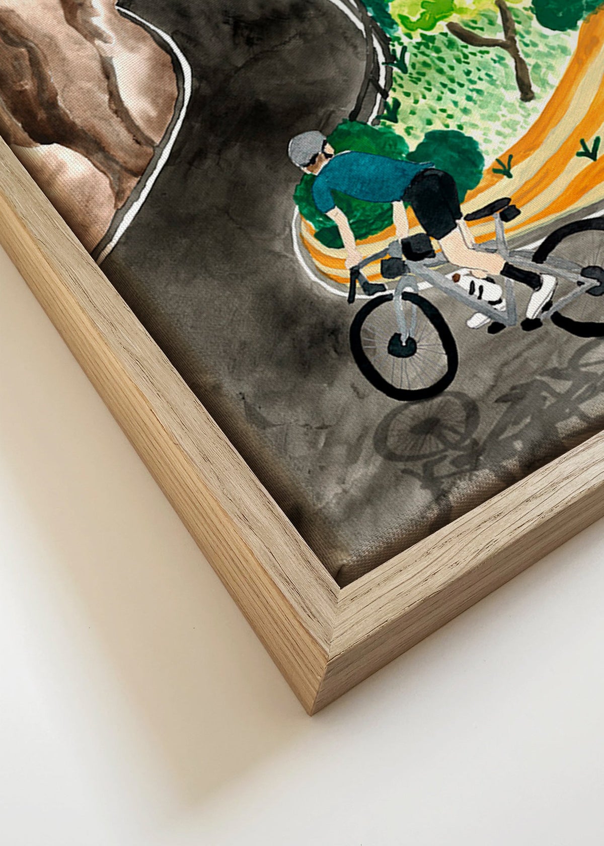 Landschapskunst met fietser in bergbocht