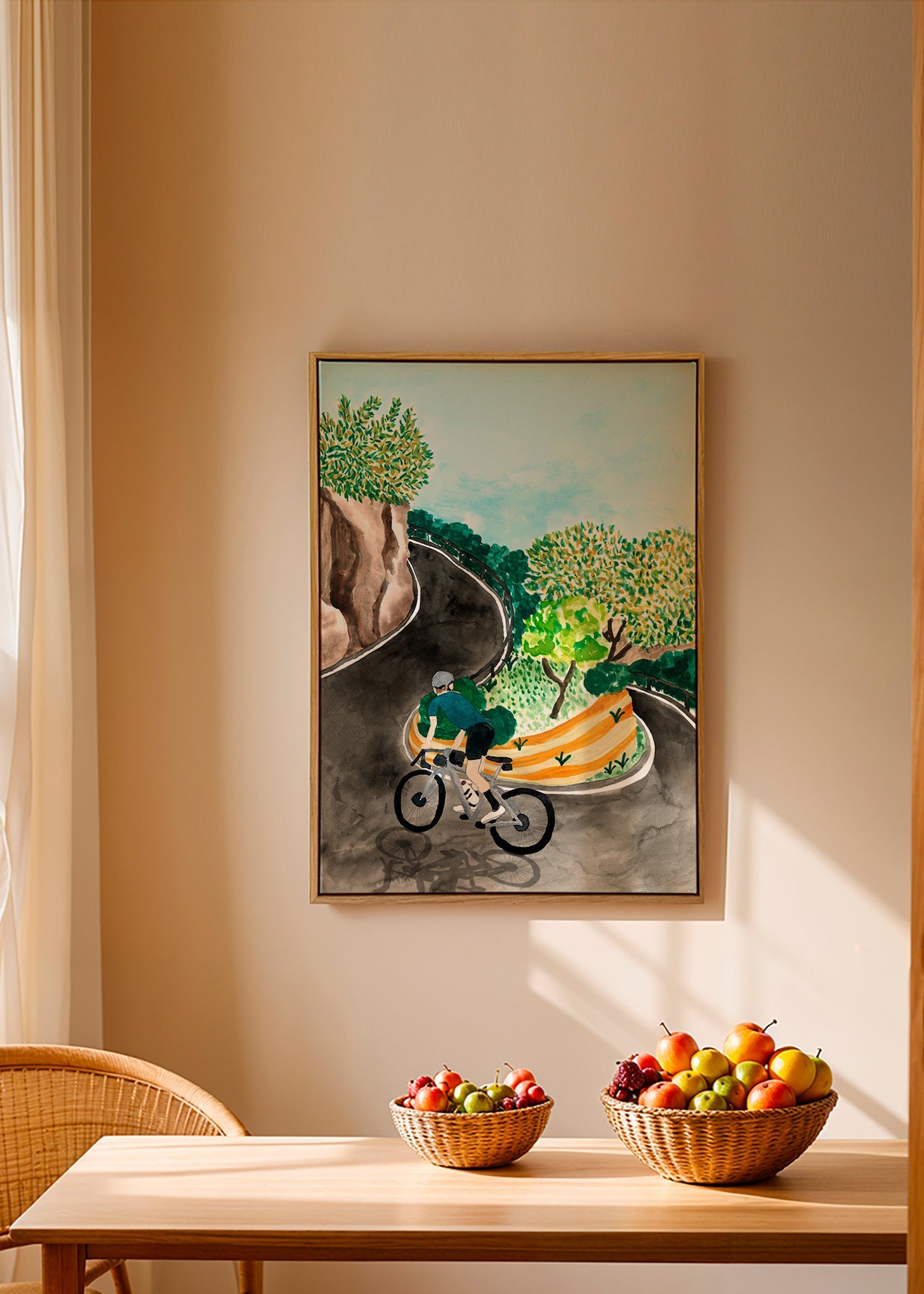 Landschapskunst met fietser in bergbocht