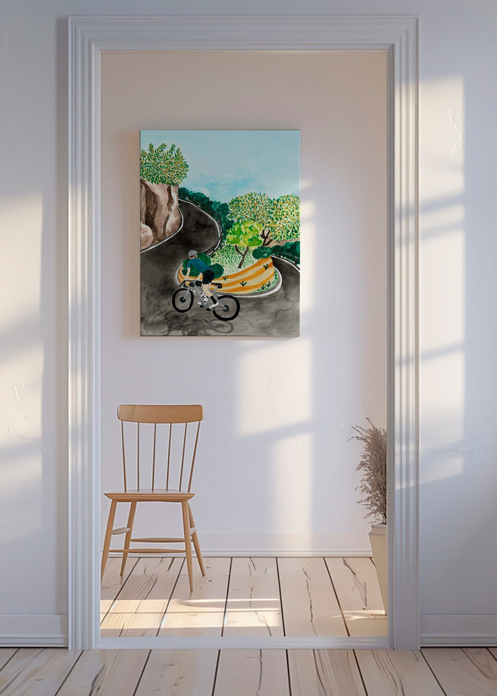 Landschapskunst met fietser in bergbocht