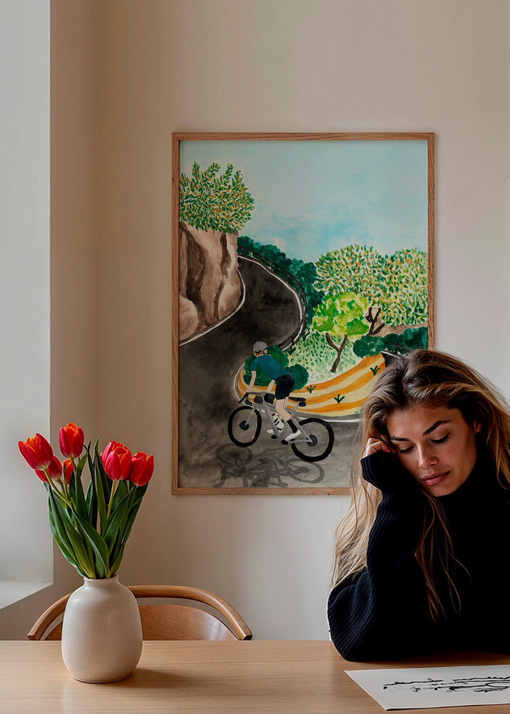 Landschapskunst met fietser in bergbocht