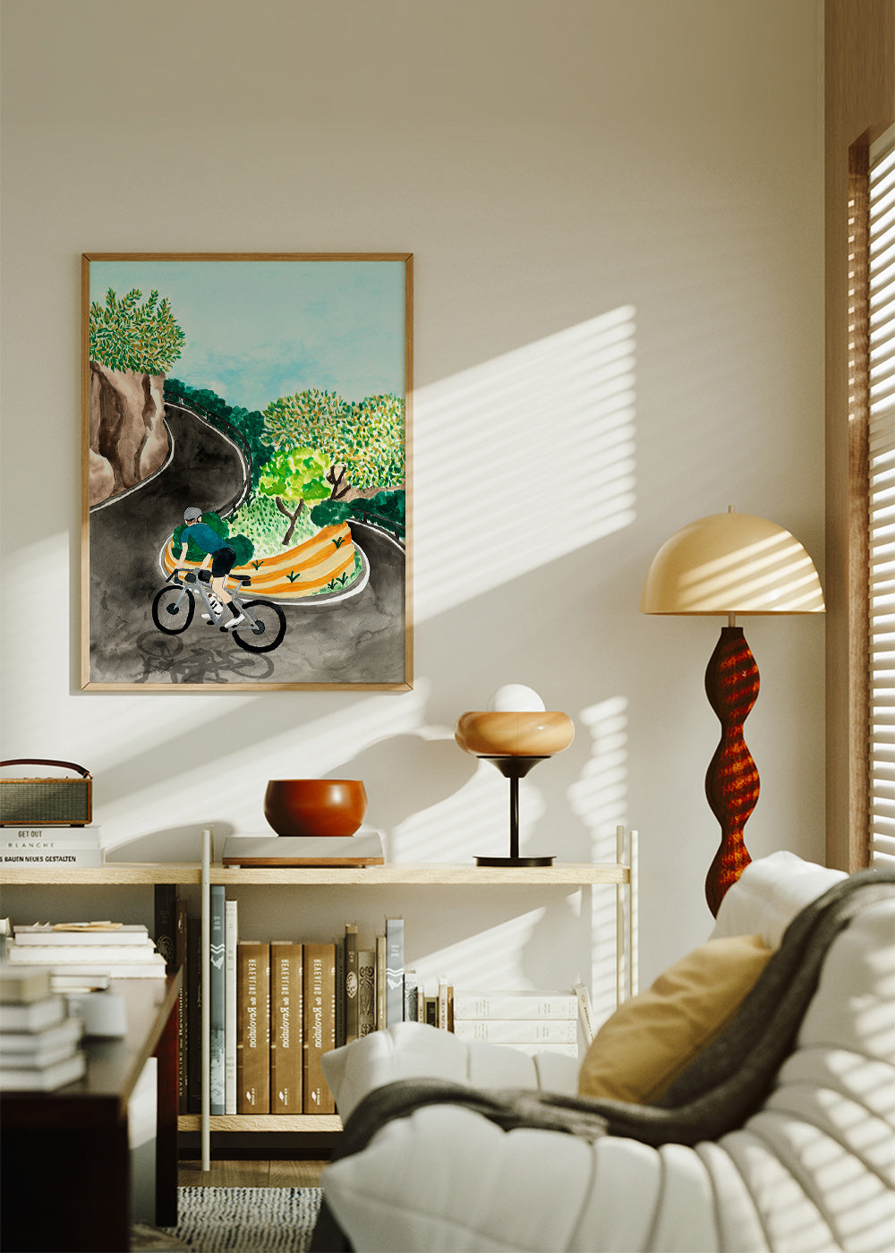 Landschapskunst met fietser in bergbocht