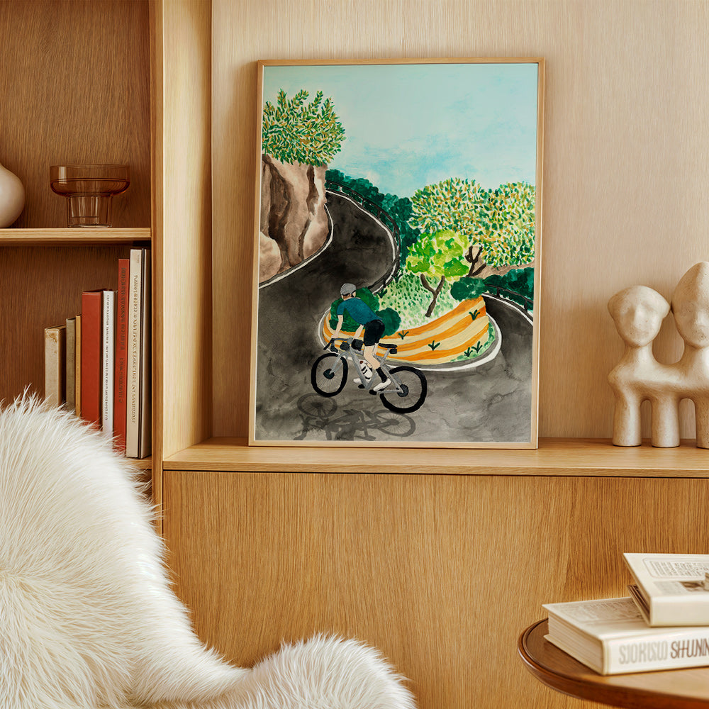 Landschapskunst met fietser in bergbocht