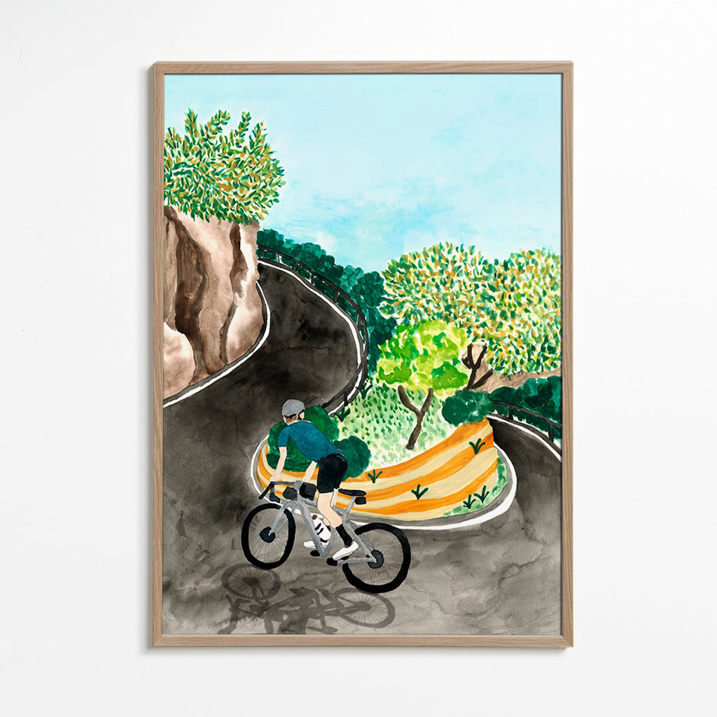 Landschapskunst met fietser in bergbocht