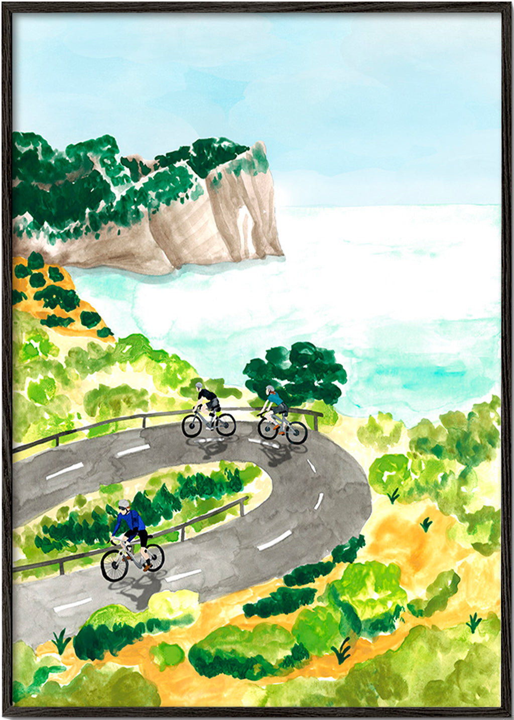 Sportkunst met fietsers aan de kust