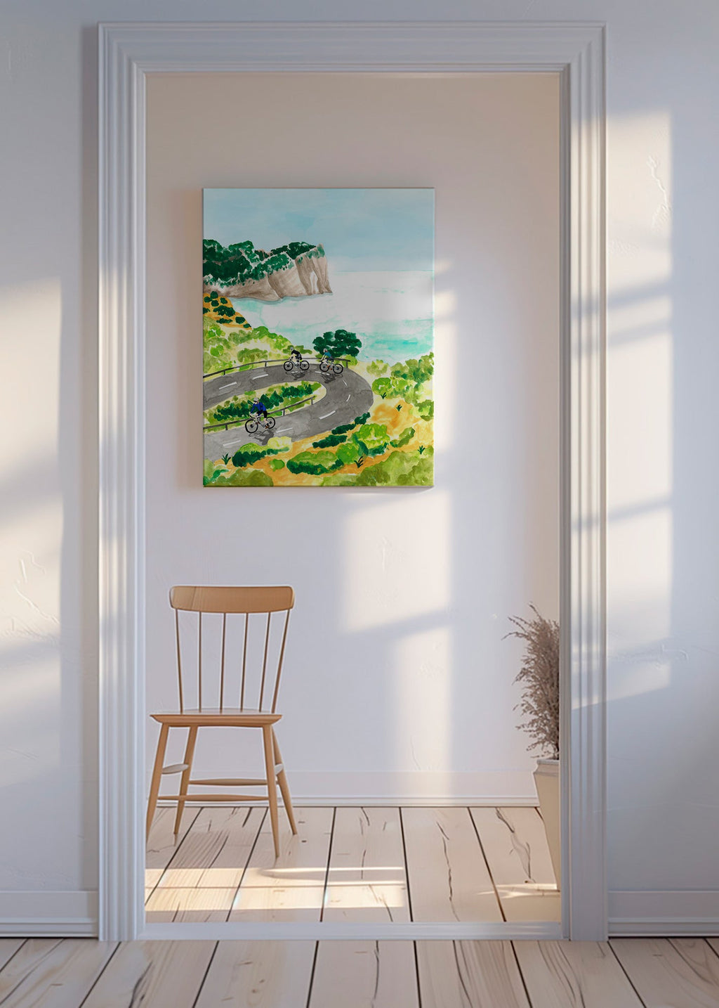 Sportkunst met fietsers aan de kust
