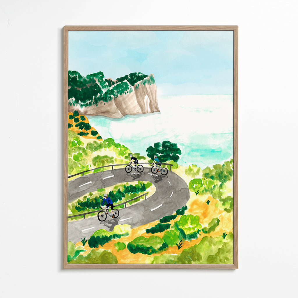 Sportkunst met fietsers aan de kust
