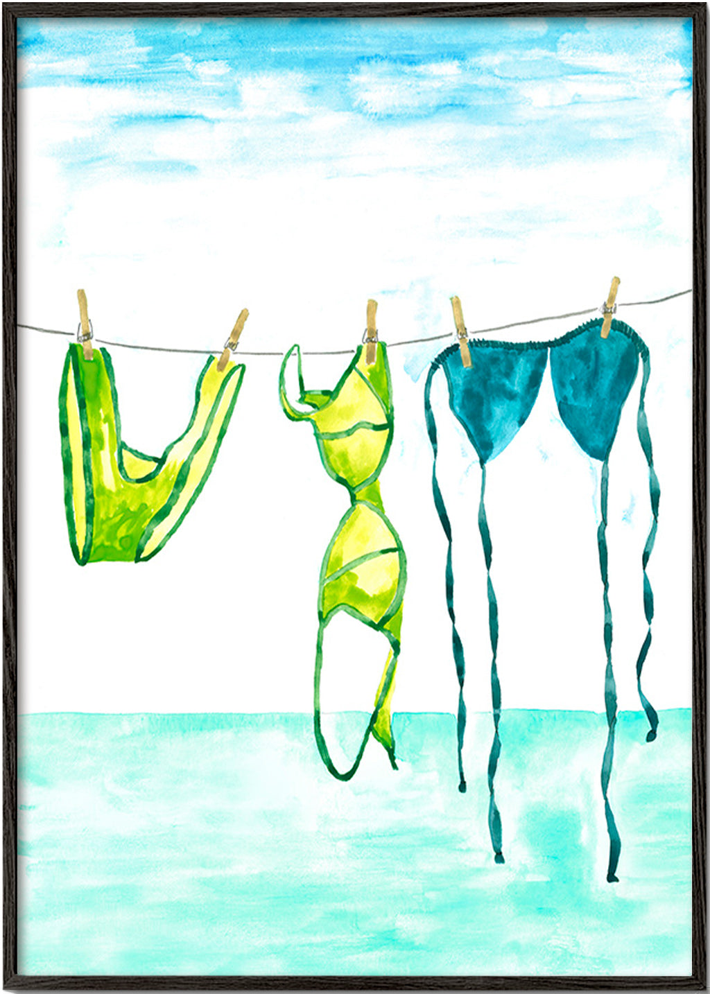 Illustratie van bikinis aan een lijn bij zee