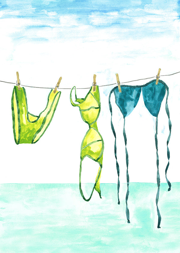 Illustratie van bikinis aan een lijn bij zee