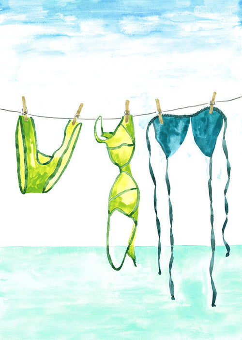 Illustratie van bikinis aan een lijn bij zee