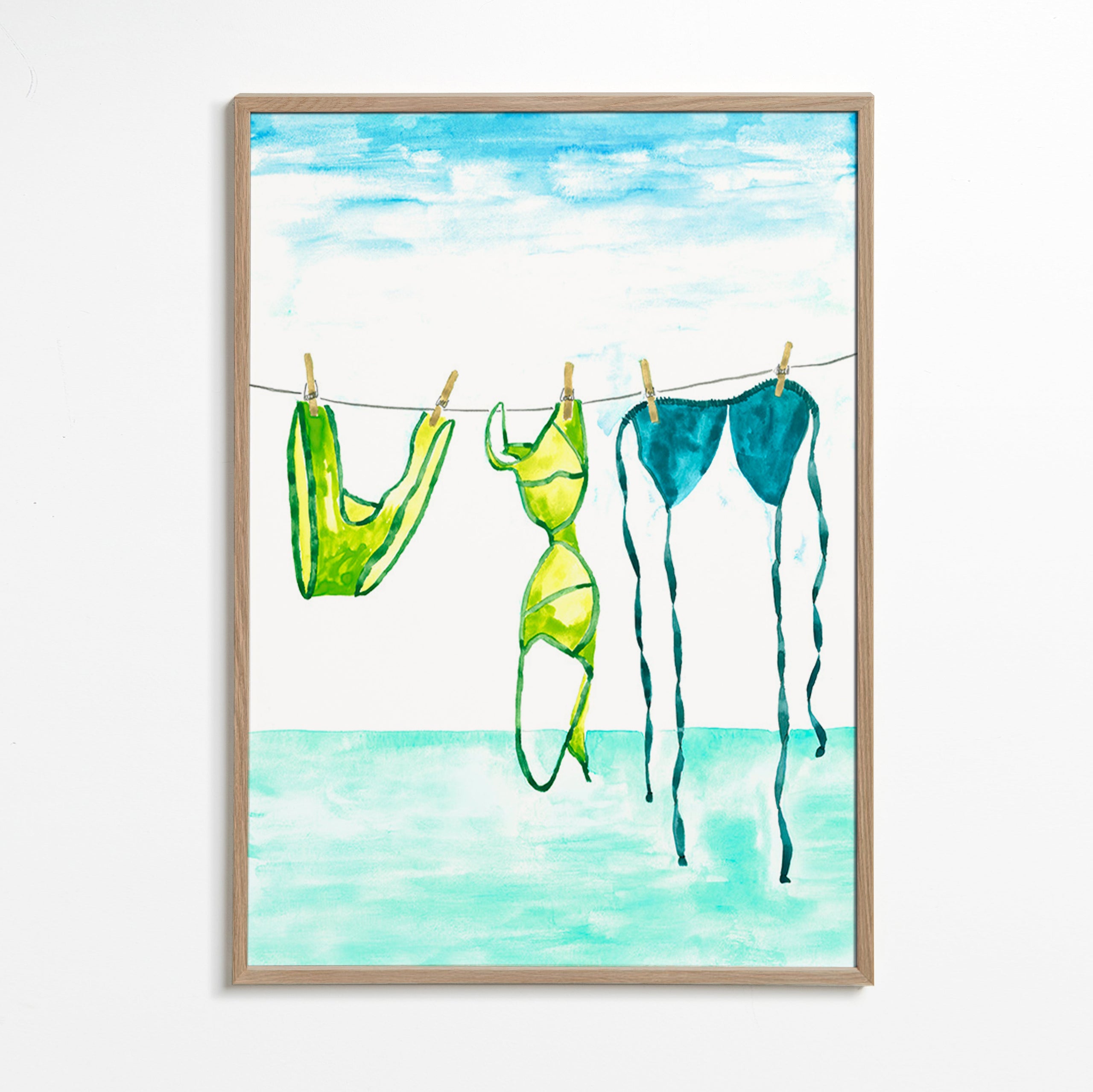 Illustratie van bikinis aan een lijn bij zee