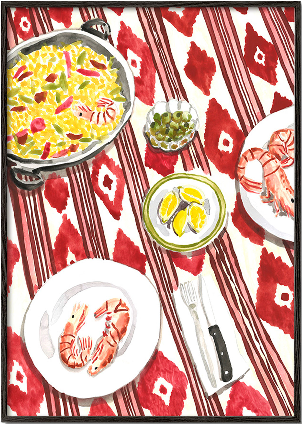 Keuken kunst: paella en garnalen op patroon tafelkleed