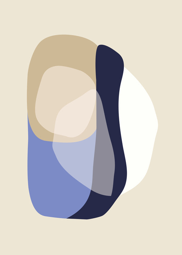 Minimalistisch kunstwerk met organische beige en blauwe vormen