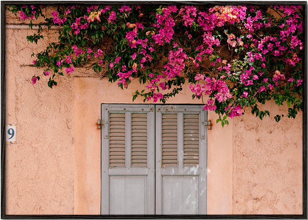 Botanische print: bougainvillea boven vintage deur – Black Frame