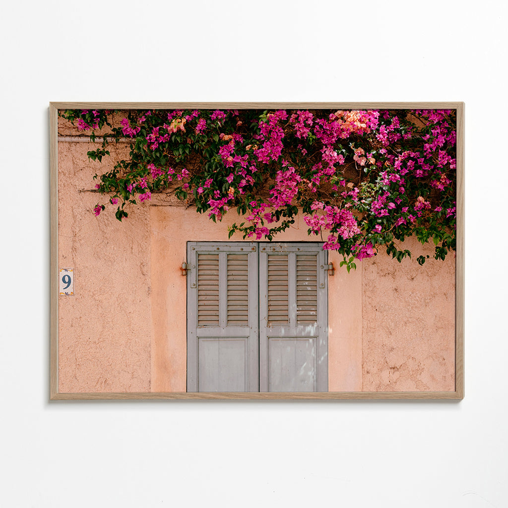 Botanische print: bougainvillea boven vintage deur – Oak Frame