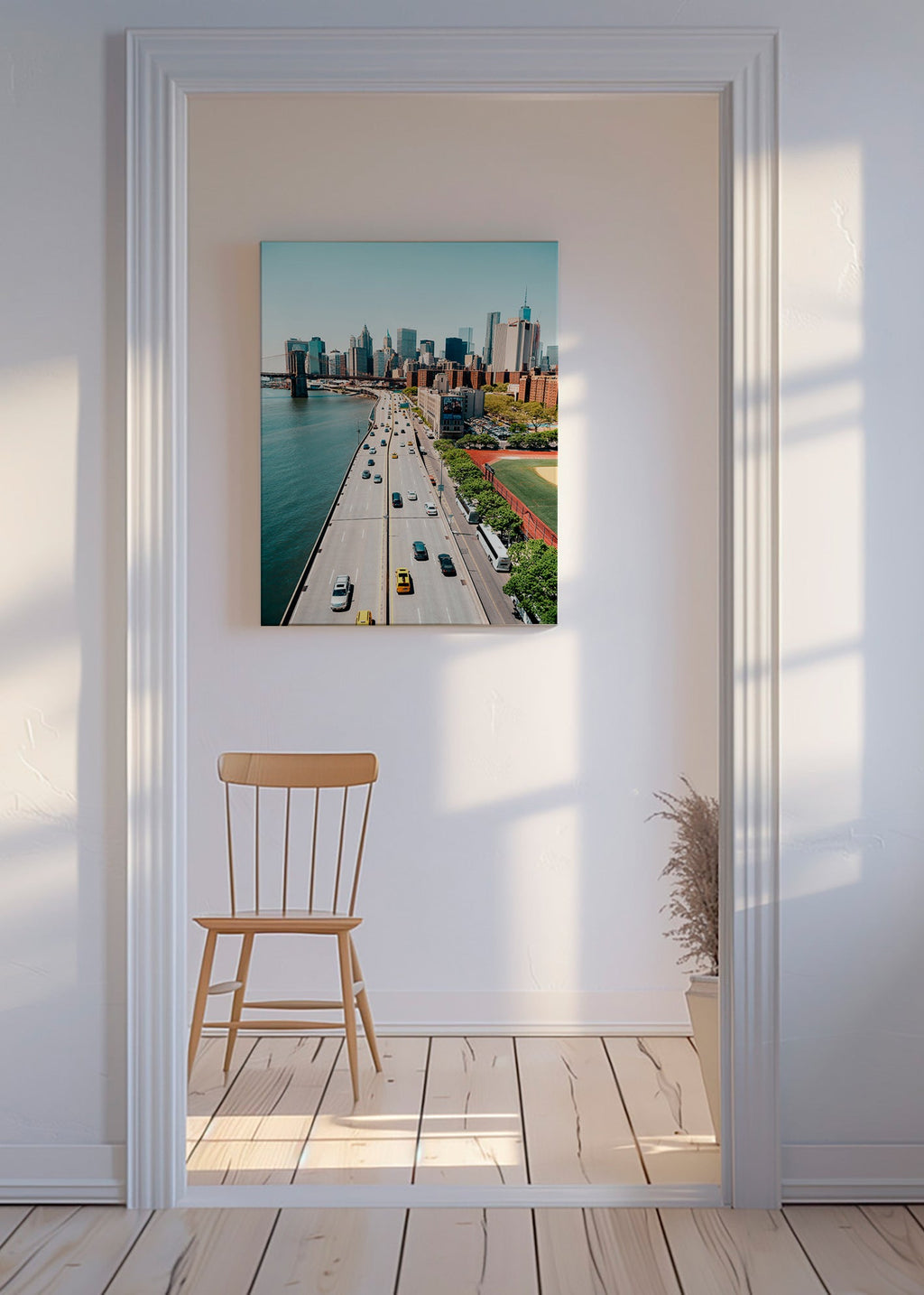 Keuken kunst: skyline en brug vanuit hoogte – Canvas