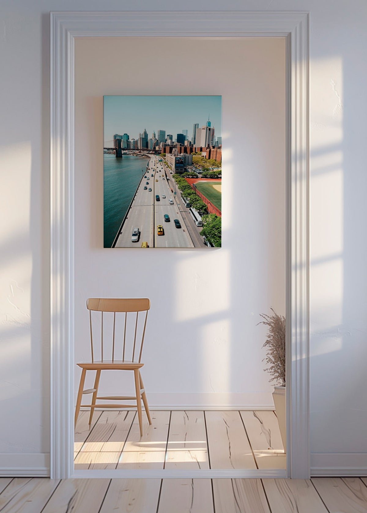 Keuken kunst: skyline en brug vanuit hoogte – Canvas