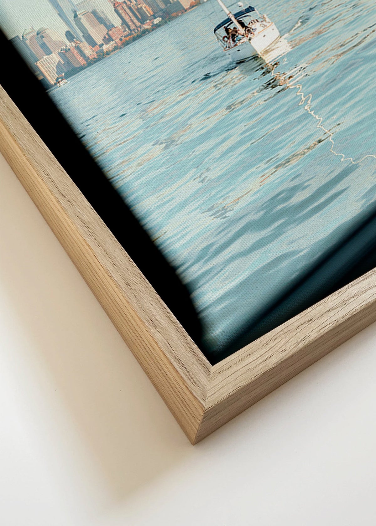 Reisposter met zeilboot en stadssilhouet – Canvas detail