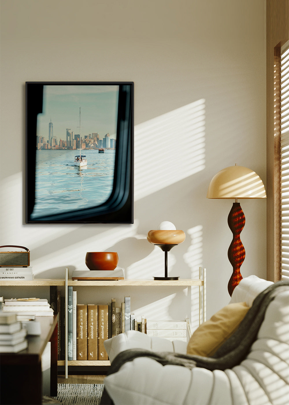 Reisposter met zeilboot en stadssilhouet – Canvas2