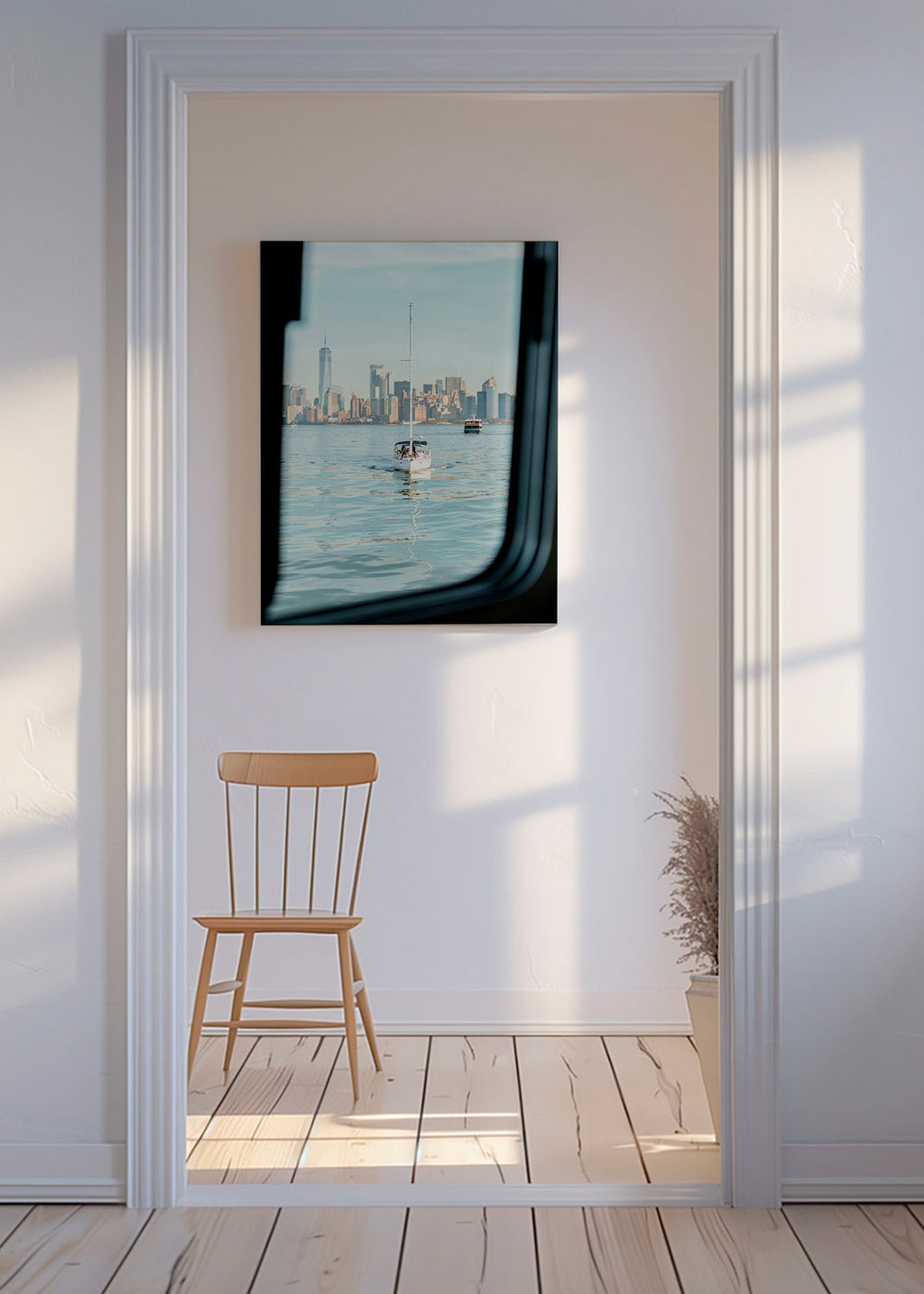 Reisposter met zeilboot en stadssilhouet – Canvas