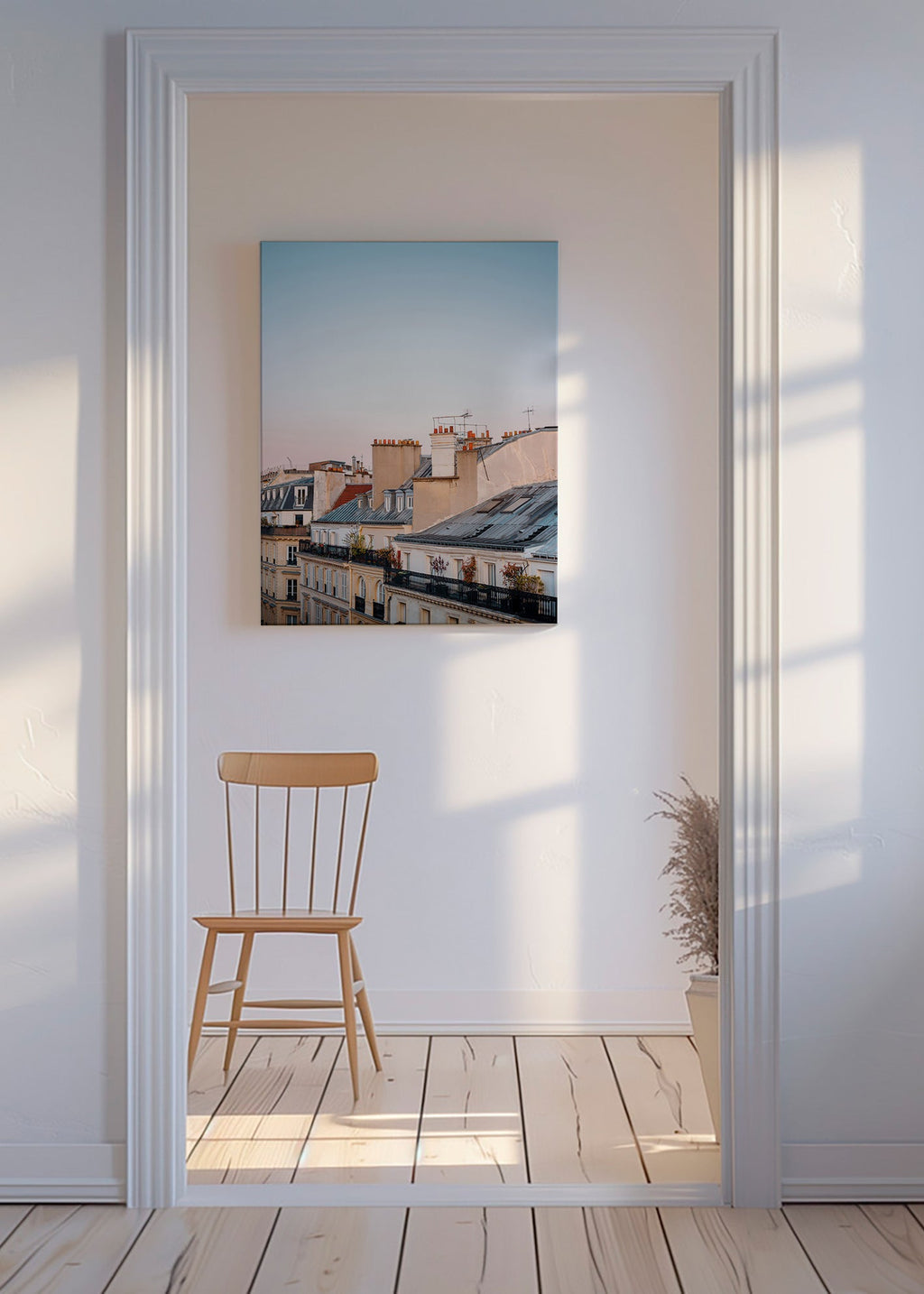 Stadsprent met daken bij zonsopgang – Canvas