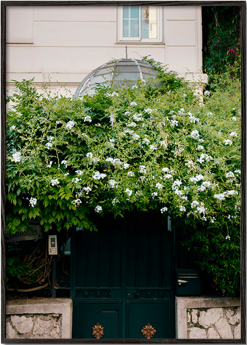 Botanische print met witte klimop bij deur – Black Frame
