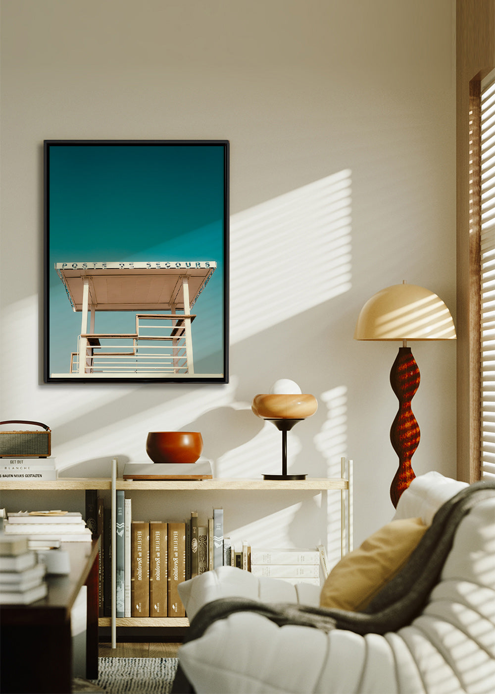 Fotografie strandwachtpost en blauwe lucht – Canvas1