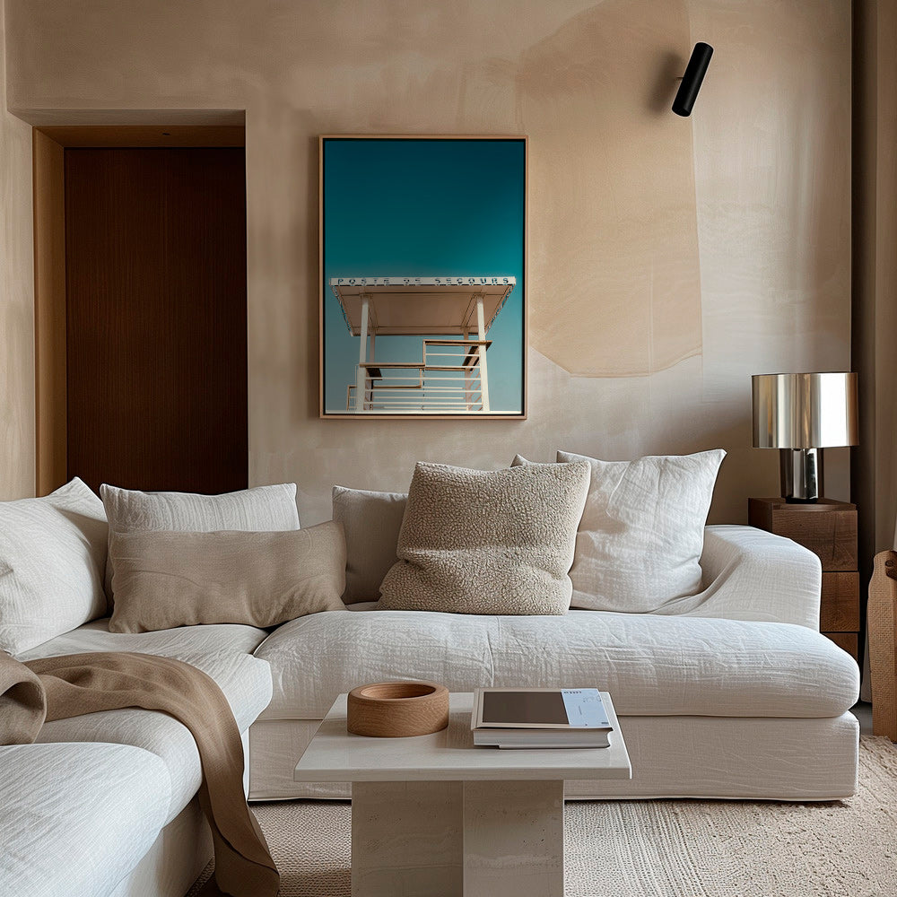 Fotografie strandwachtpost en blauwe lucht – Canvas2