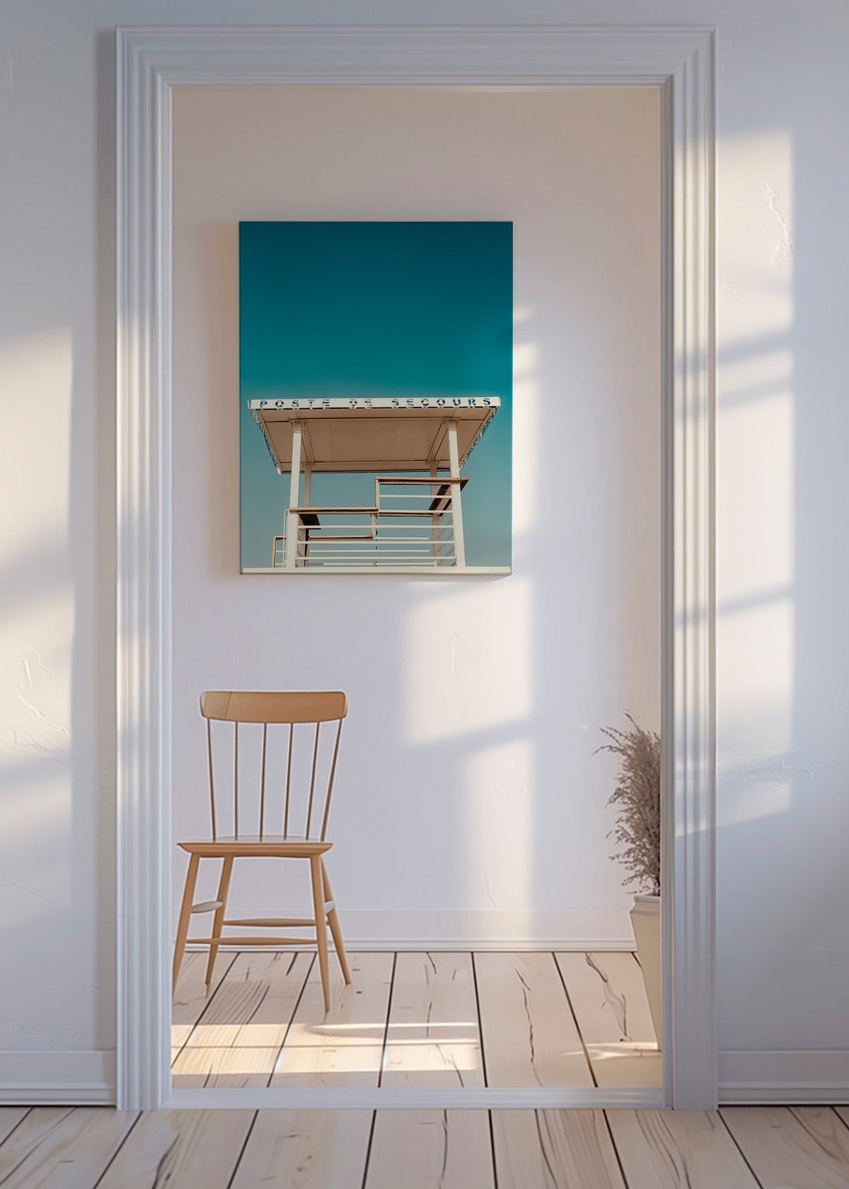 Fotografie strandwachtpost en blauwe lucht – Canvas