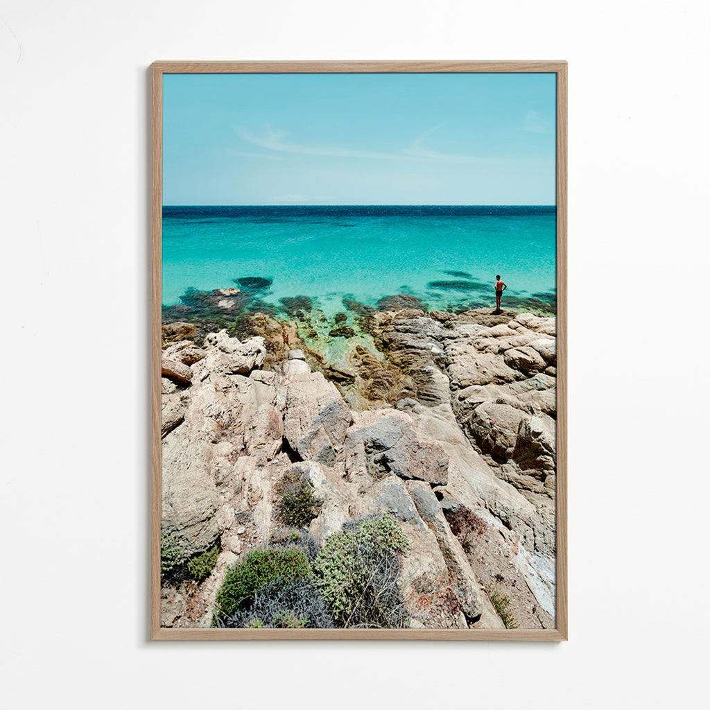 Landschap kunst: rotsachtige kust met turkoois zee – Oak Frame