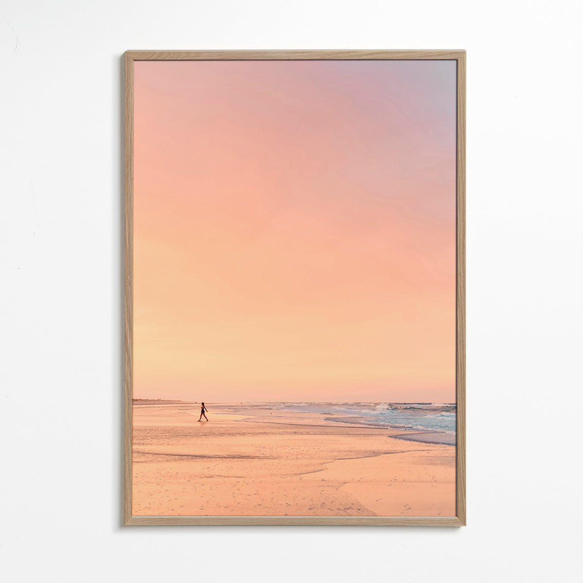 Landschap kunst: pastelkleurig strand bij zonsopgang – Oak Frame
