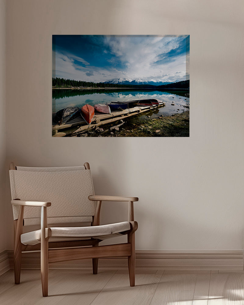 Landschapskunst met kano's op een steiger – Canvas
