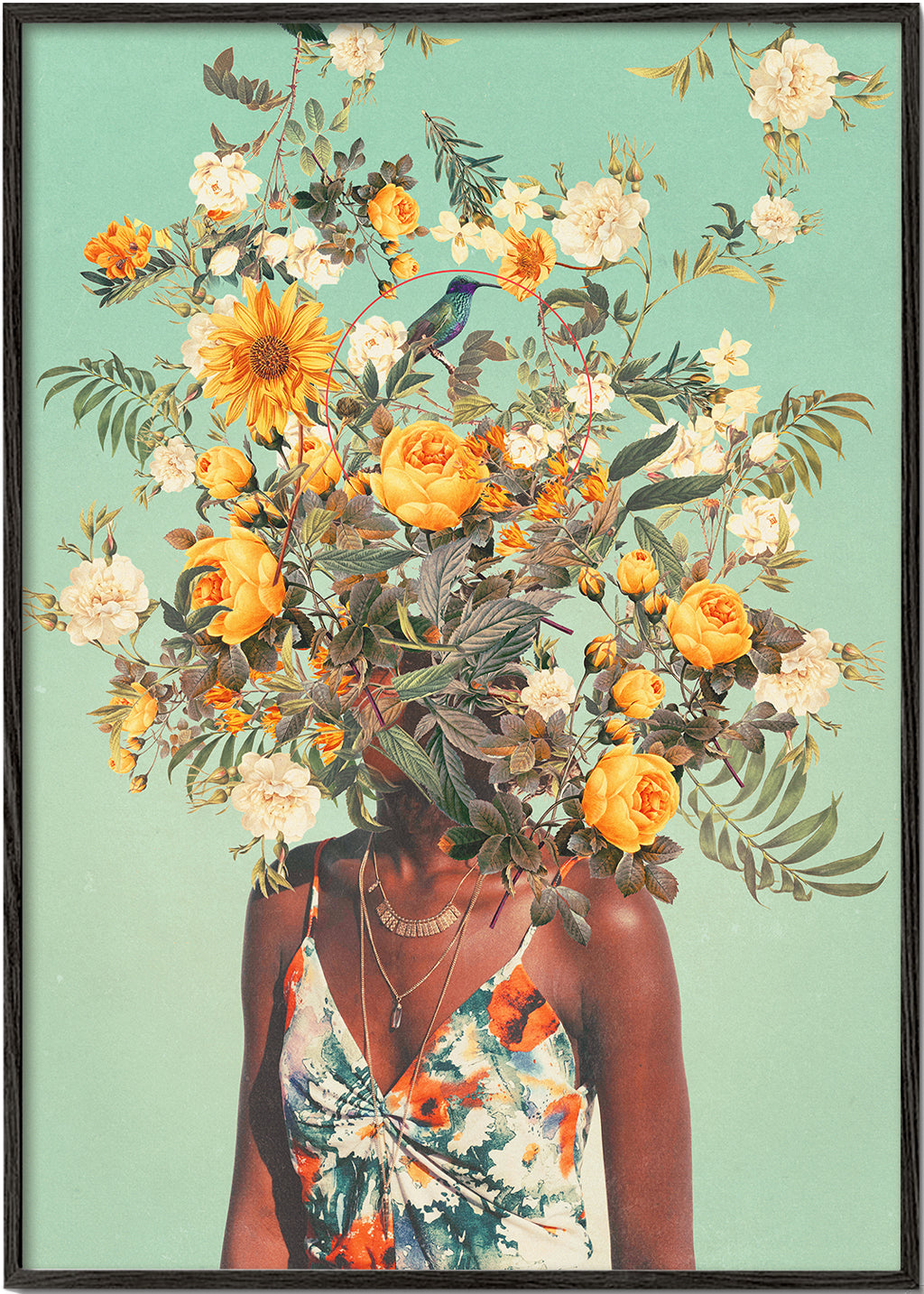 Botanische print met portret en bloemenkroon
