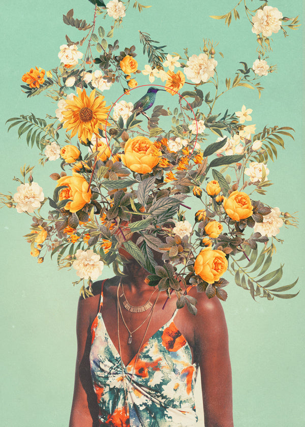 Botanische print met portret en bloemenkroon
