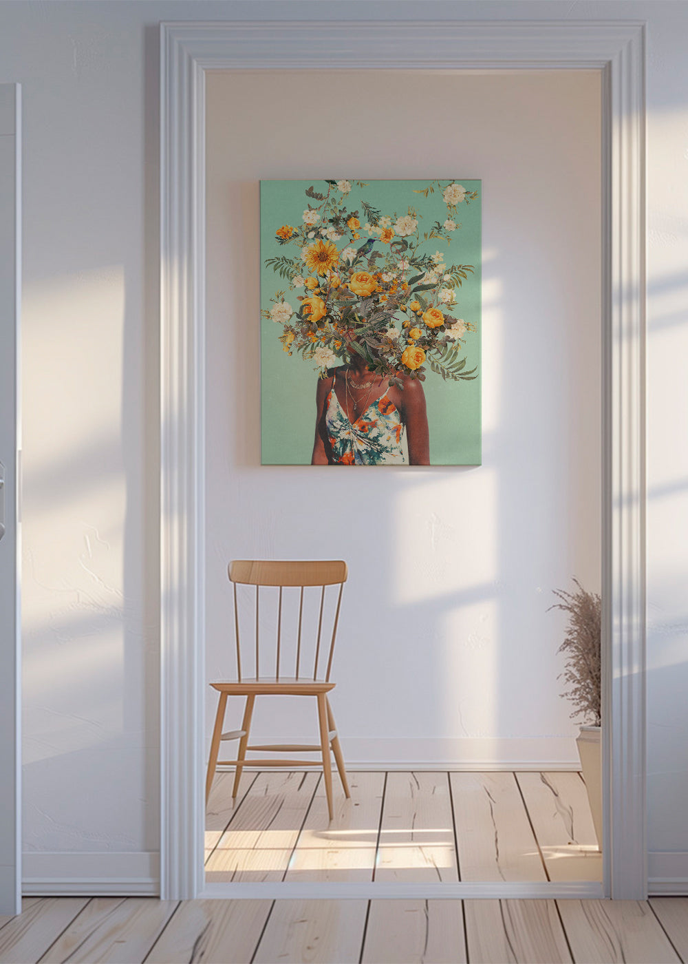Botanische print met portret en bloemenkroon